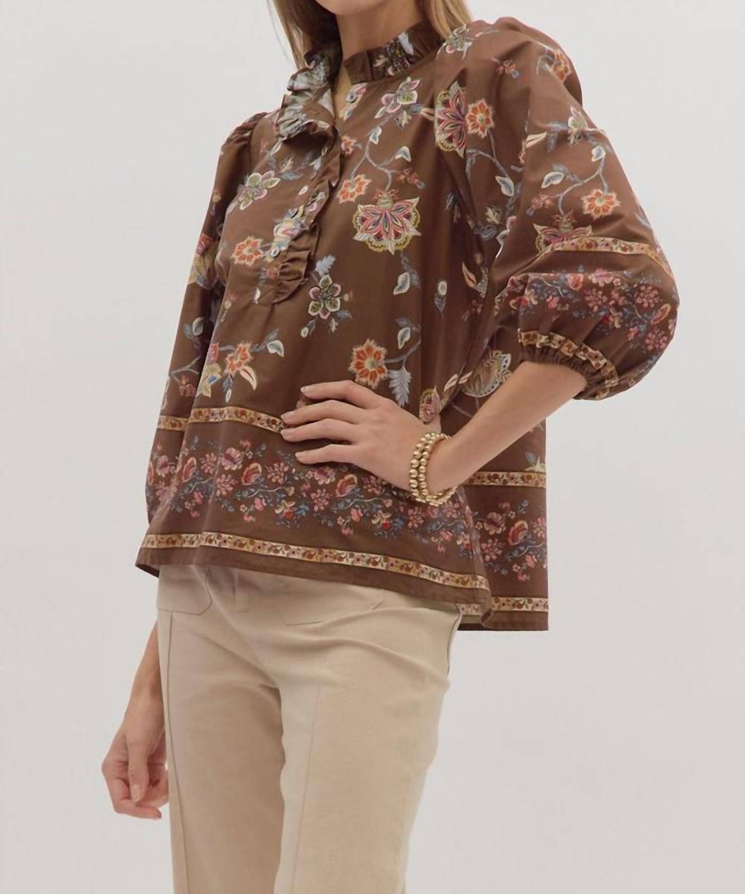 entro Ruffle Neck Shirt in brown pink floral - women's blouse - detail view