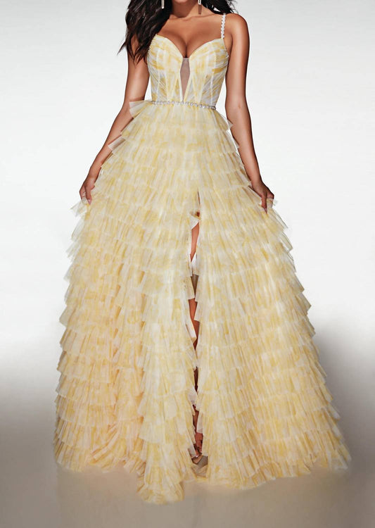 Alyce Paris - Long Plunging Neckline Ruffled A-line Gown