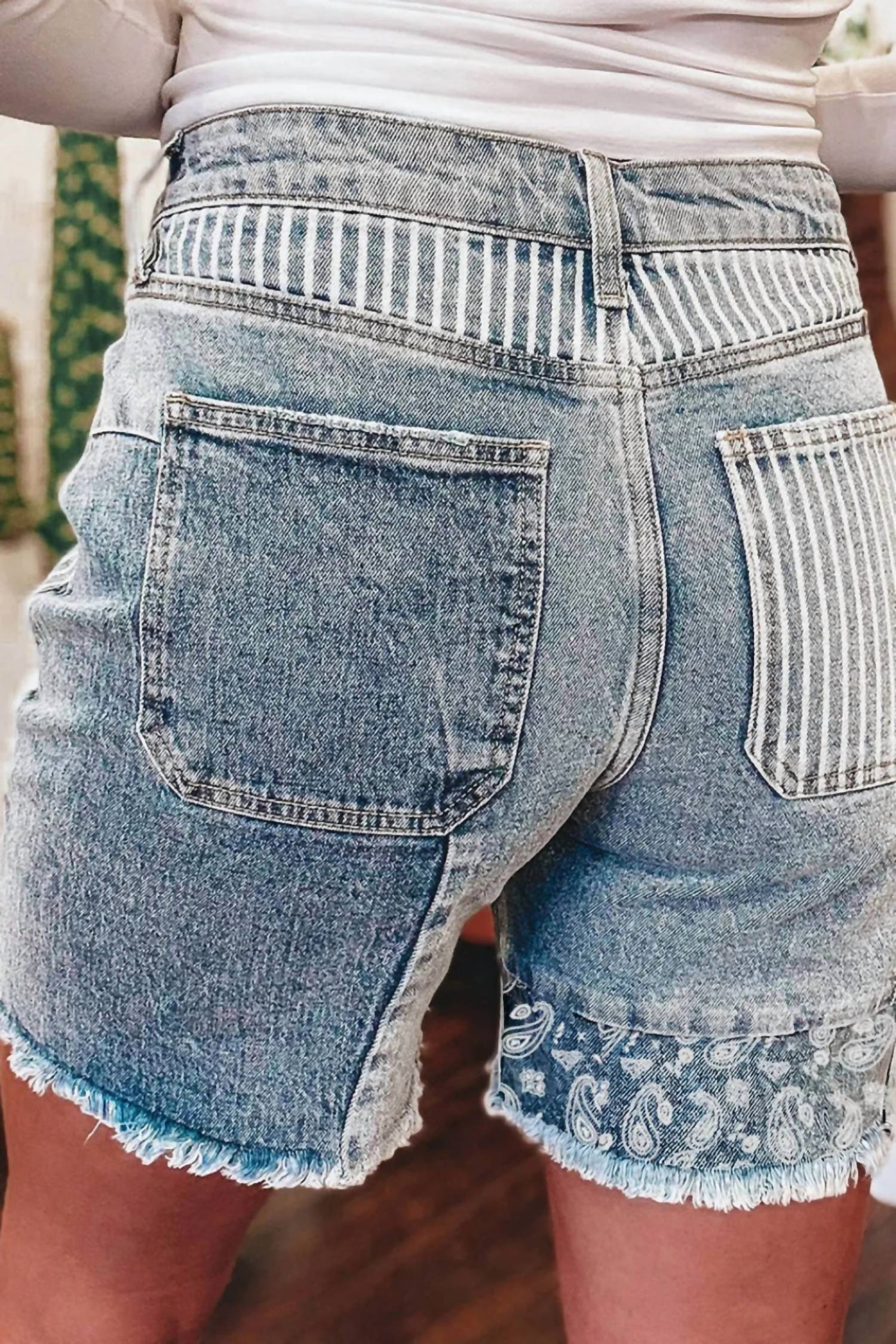 Dear Lover - Stripe Paisley & Mixed Patchwork Raw Hem Shorts