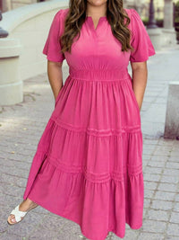 1 The Woman - Split Neck Short Sleeve Flare Tiered Maxi Dress - Plus