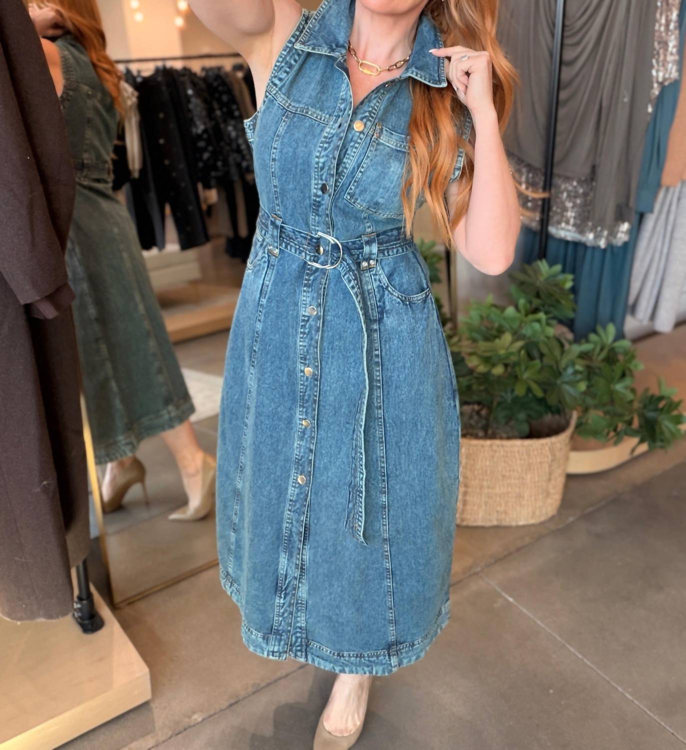 ELAN Midi Sleeveless A Line Denim Dress in blue - women's dress - view 5