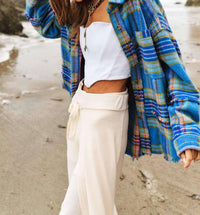 Davi & Dani - Multi Plaid Fringe Hem Shirt Jacket Shacket
