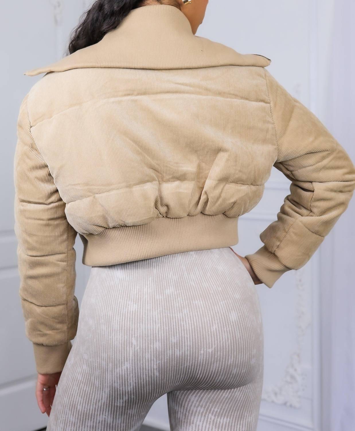 Surelymine - Keep Up With Me Crop Corduroy Full Zipper Puffer Jacket