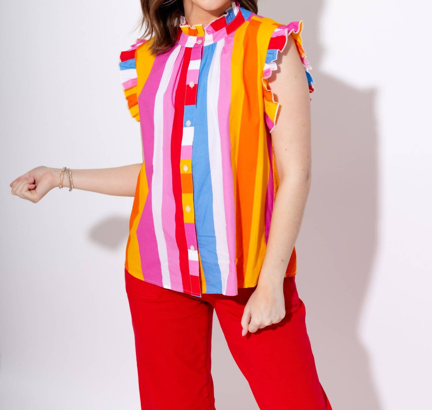 THML Color Pop Stripe Flutter Sleeve Top in sunset - women's blouse - view 8