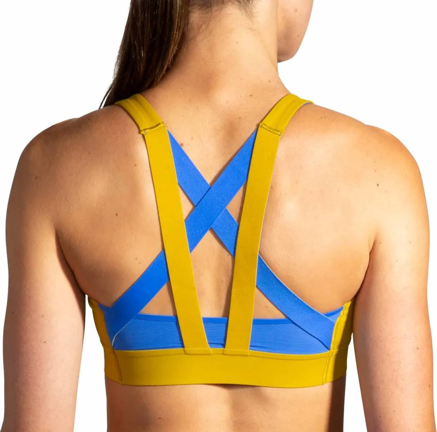 BROOKS Drive Plunge Run Bra in golden hour bluetiful - women's intimate - detail view