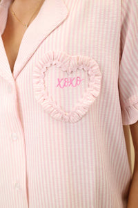 Peach Love - Women's Pinstripe Ruffle Shorty Pajamas Set