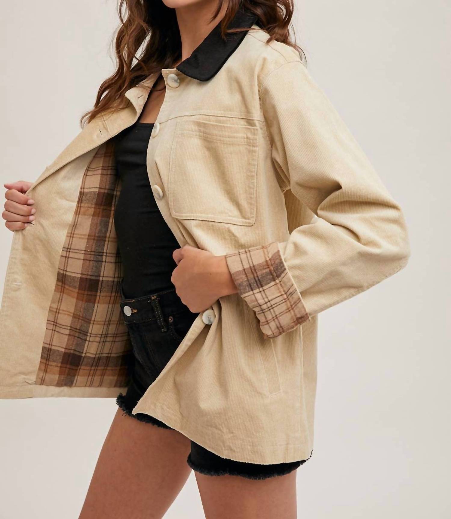 Bluivy - Inner Plaid Corduroy Button Down Barn Coat
