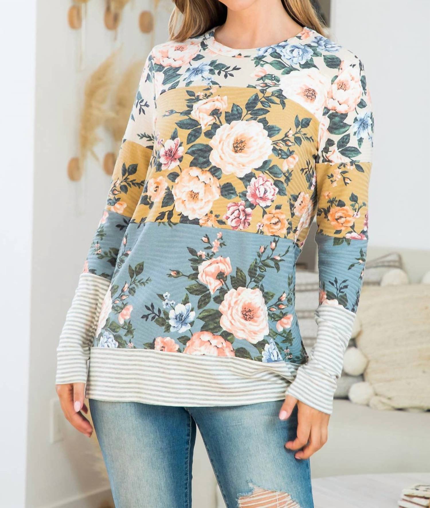 Perfect Peach - Color Block Rib Floral Top