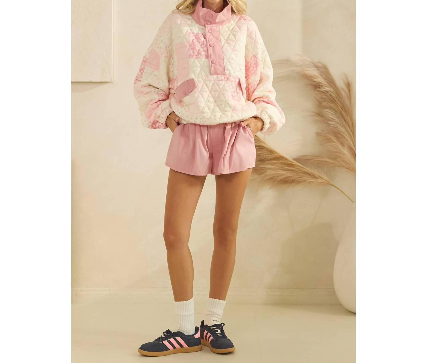 Veveret Textured Contrast Printed Quarter Zip Sweater in pink combo - women's cardigan - view 6