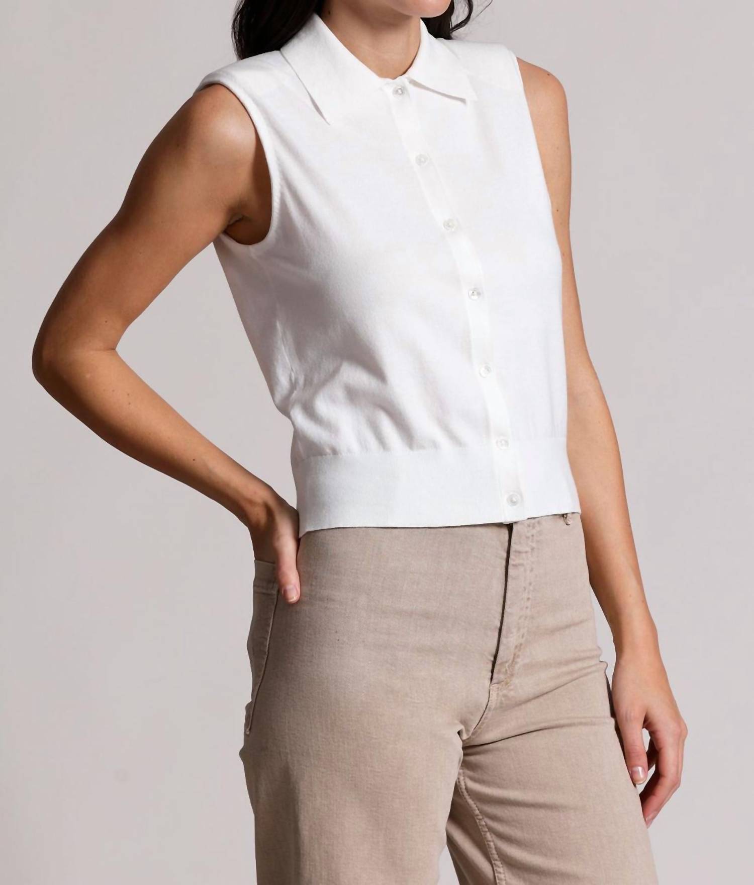 Minnie Rose - Button Front Sleeveless Polo Top