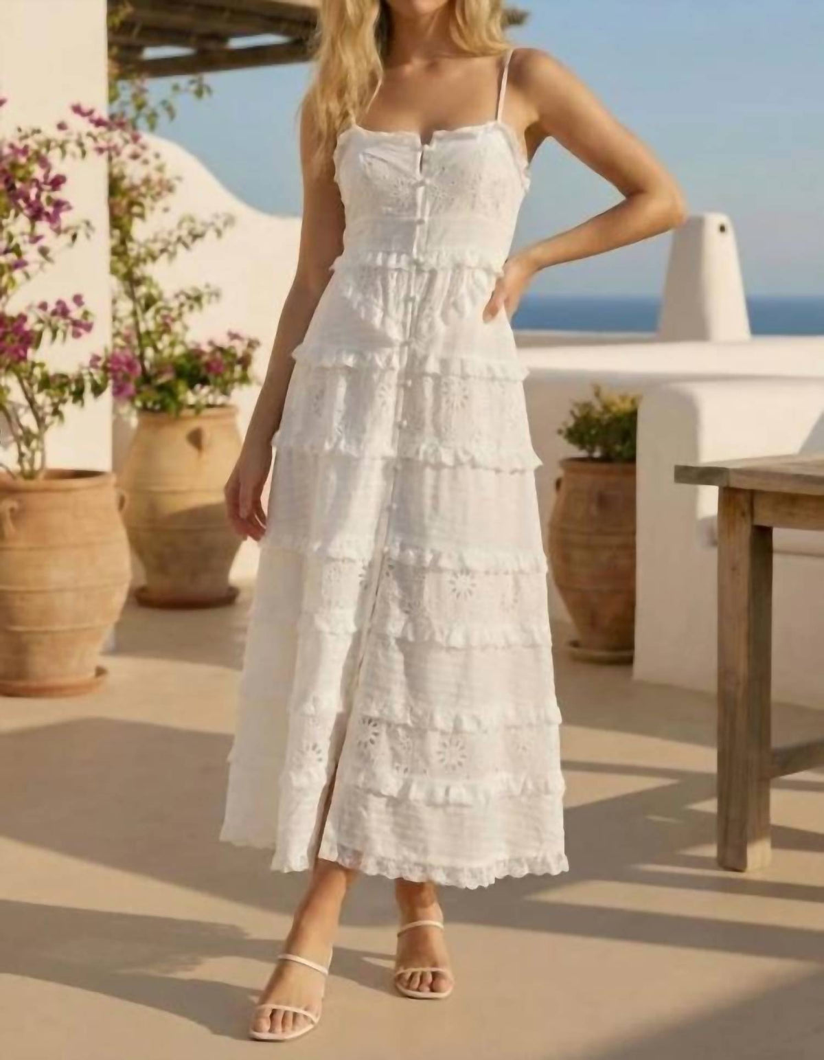Klesis - Tiered Eyelet Midi Dress With Lace Trim