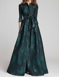 Teri Jon - Metallic Jacquard Shirtdress Gown With Floral Print