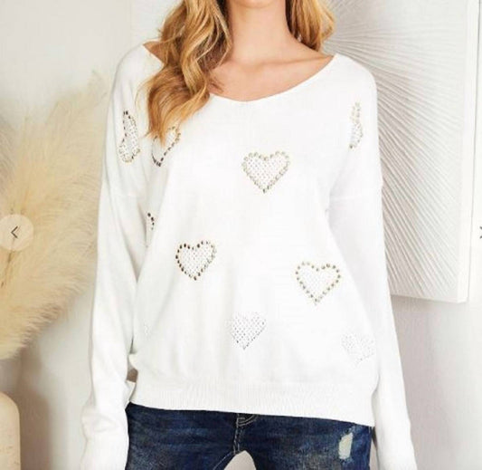 Venti6 - Studded Heart Long Sleeve V Neck Sweater
