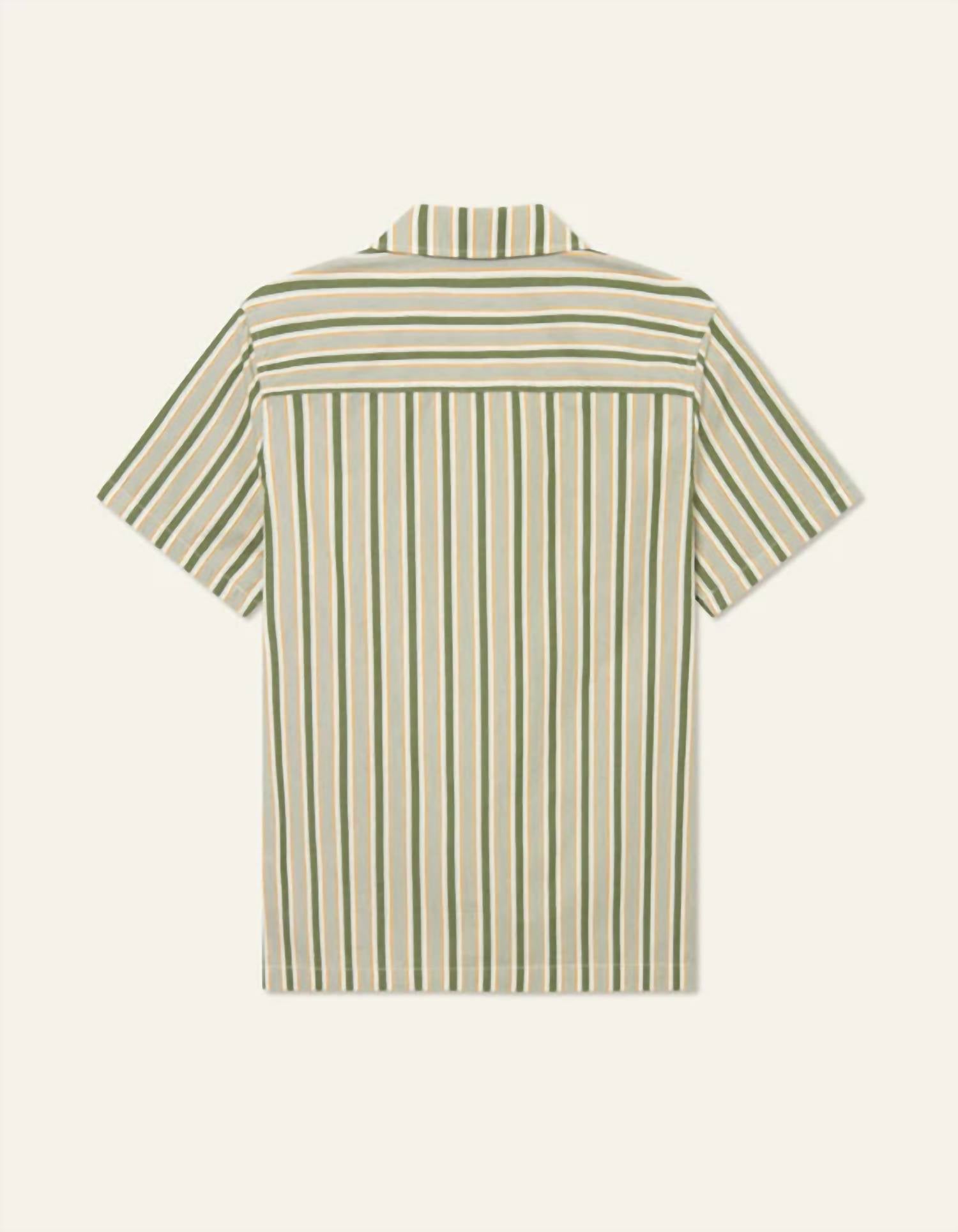 Les Deux Men's Klark Stripe Short Sleeve Shirt in chive green thai curry - men's shirt - detail view