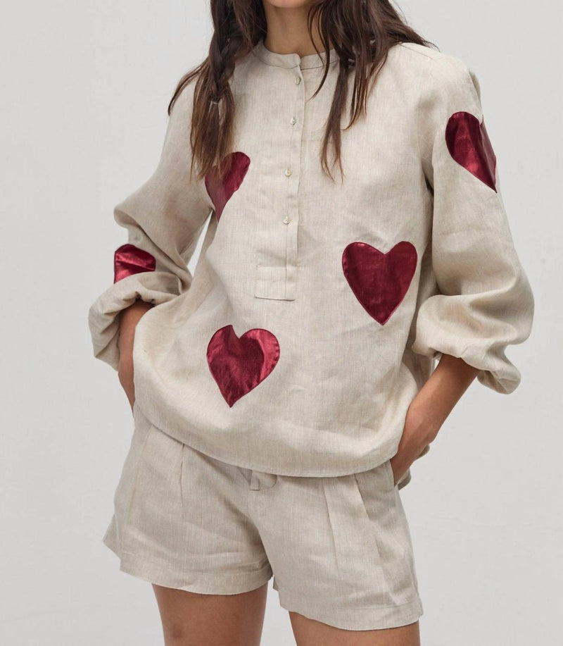 lanhtropy Cupid Linen Shirt in natural with metallic cherry - women's long sleeve top