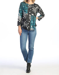 Jess & Jane Rosette Round Neck Top in multi color - women's blouse