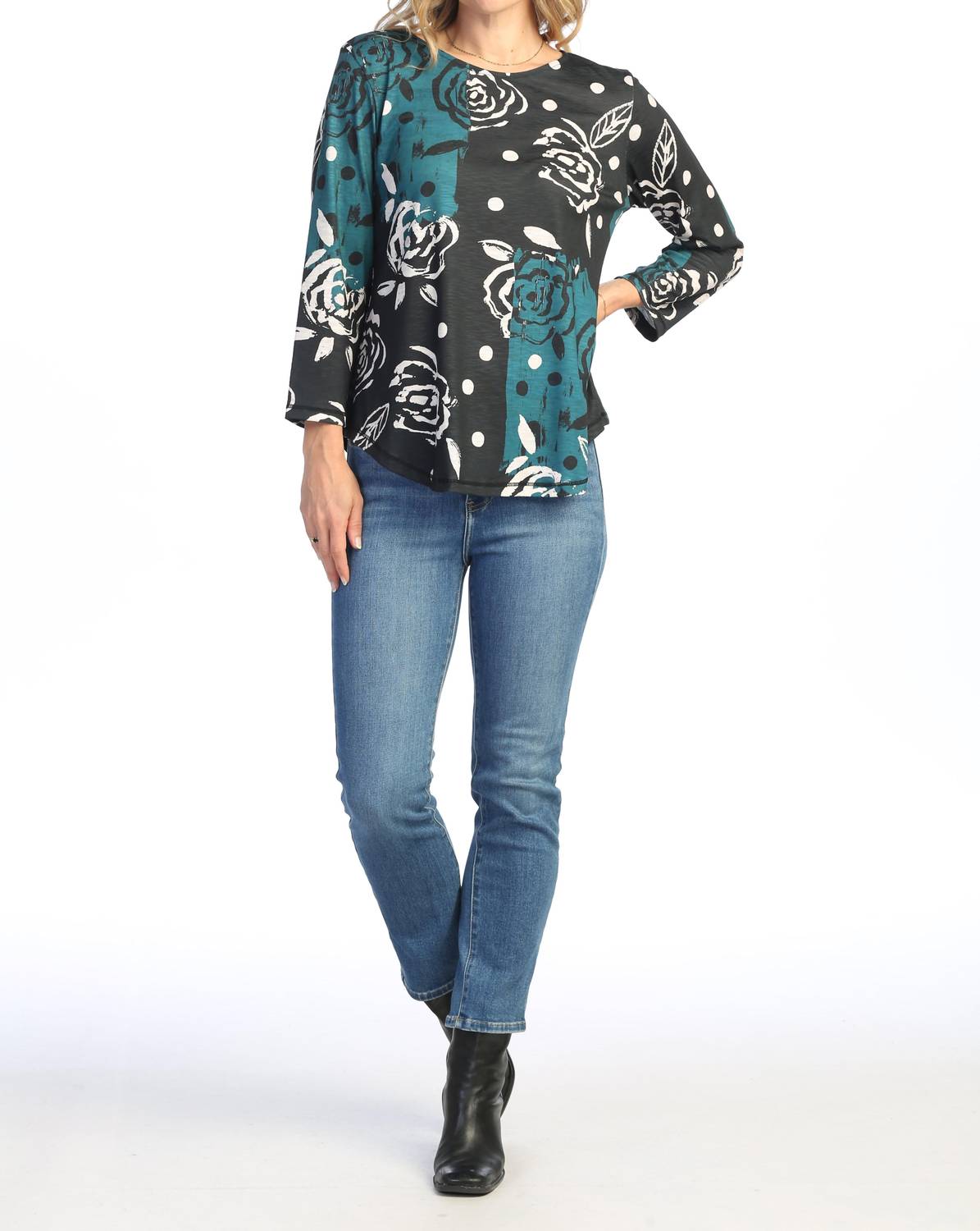 Jess & Jane Rosette Round Neck Top in multi color - women's blouse