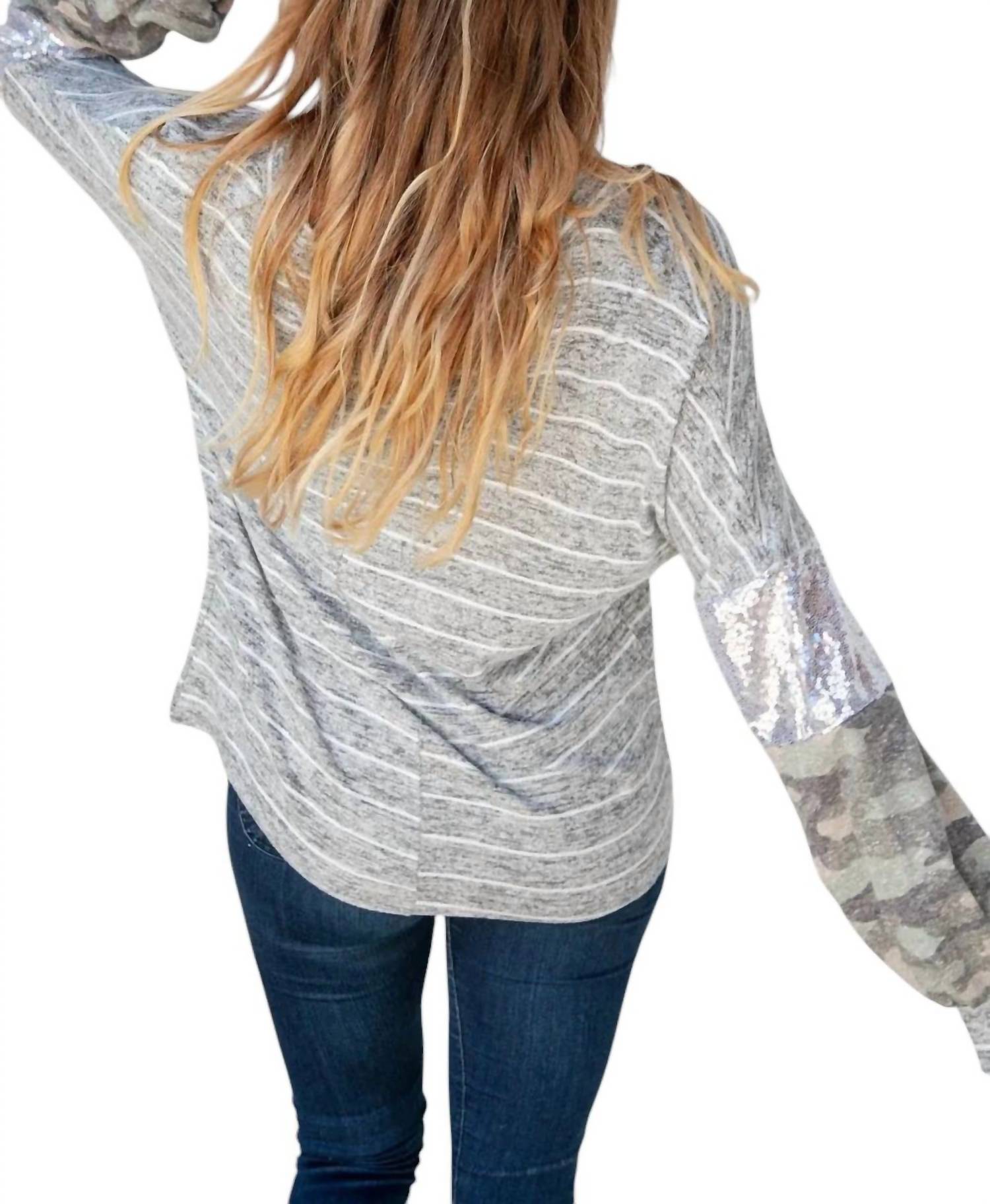 Haptics - SILVER SEQUIN CAMO SLEEVE SWEATER