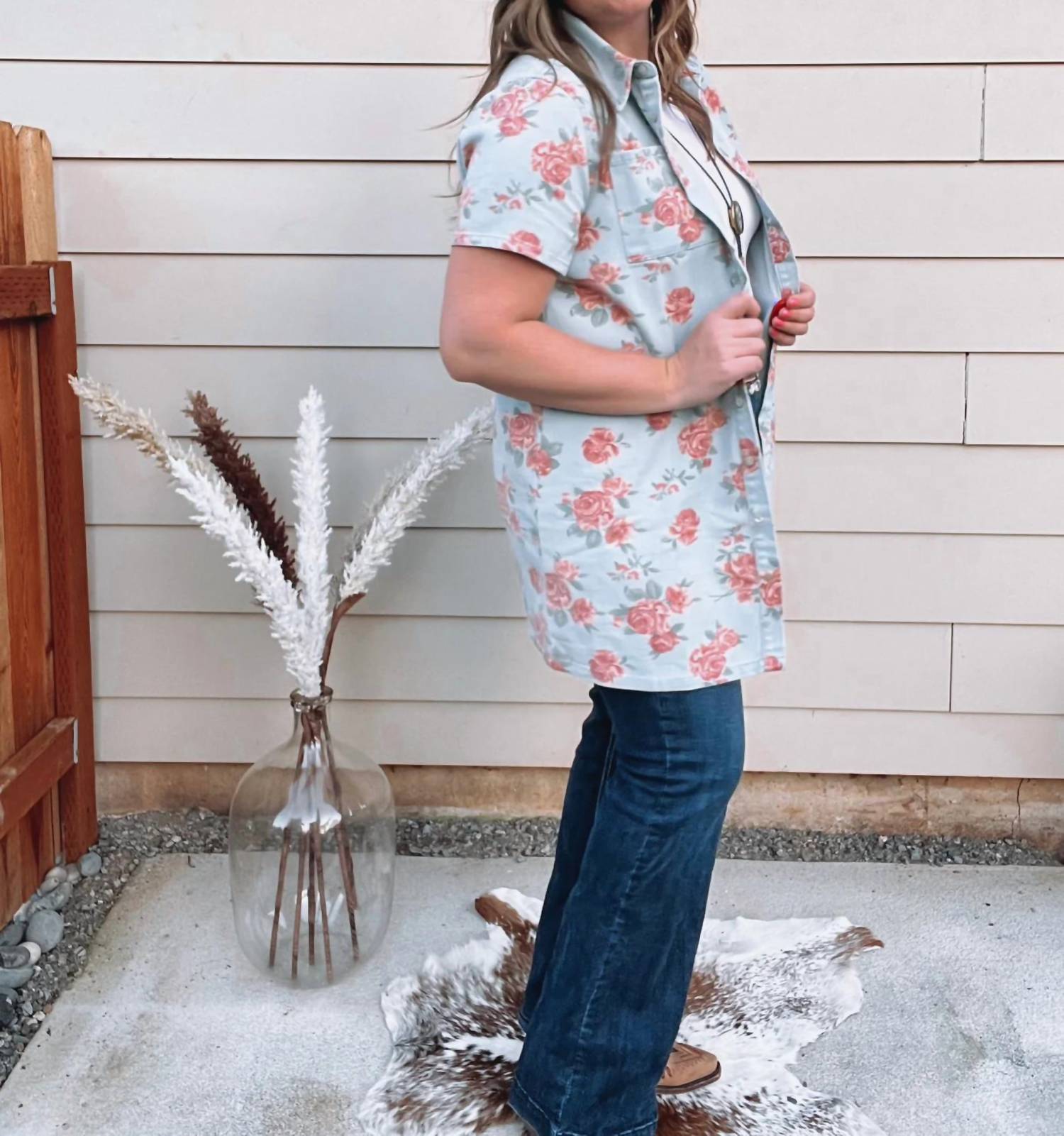 Adora - Floral Denim Shirt Dress Top