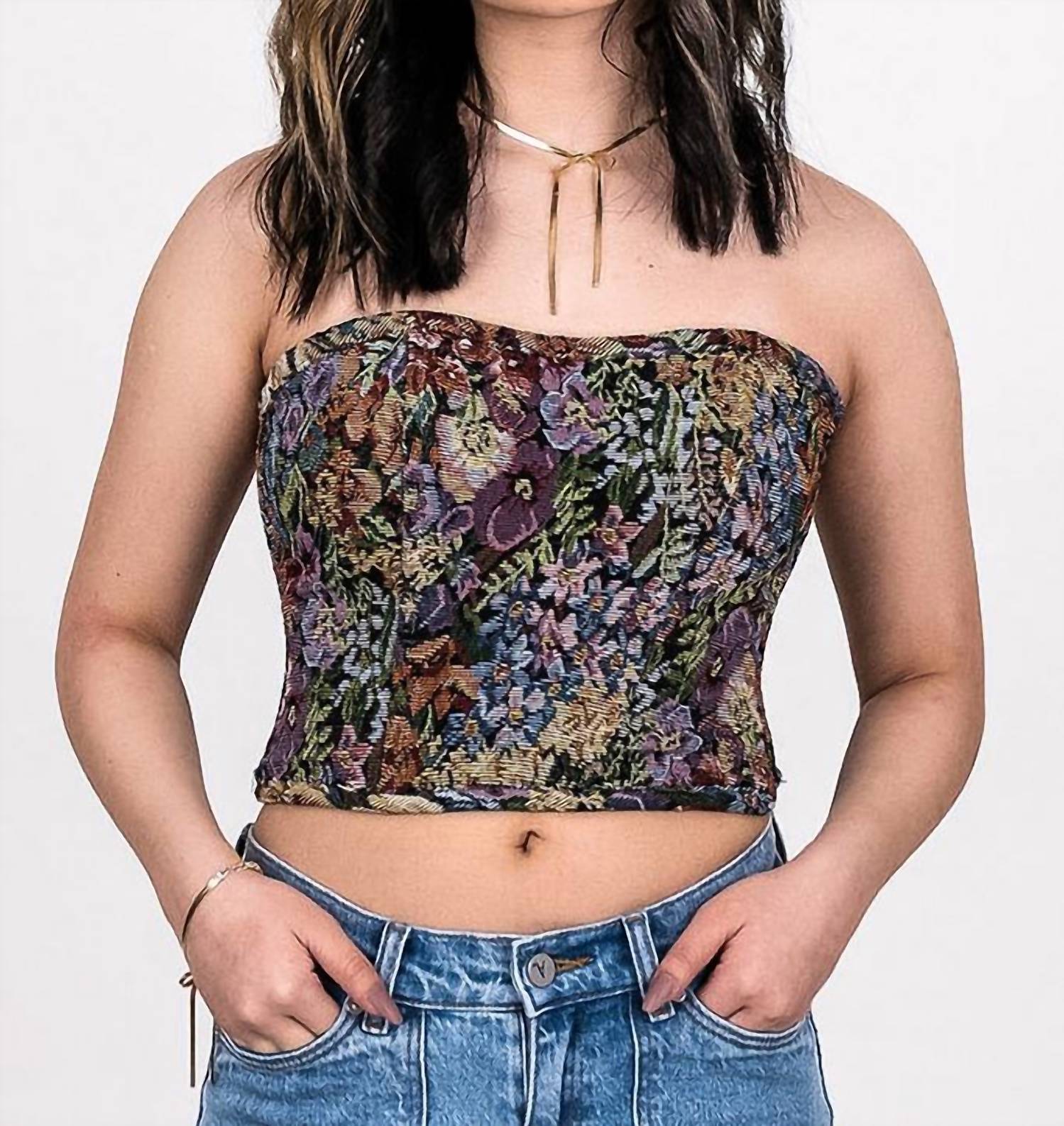 Tic Toc - Lace-up Back Tapestry Corset Top