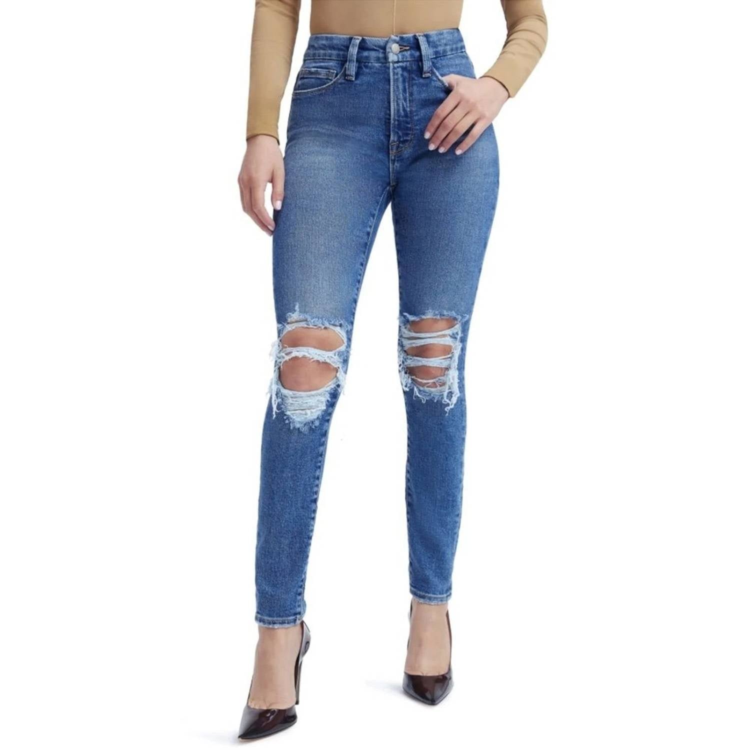 GOOD AMERICAN Good Legs Ripped Split Back Pocket Jeans in indigo234 - women's jeans