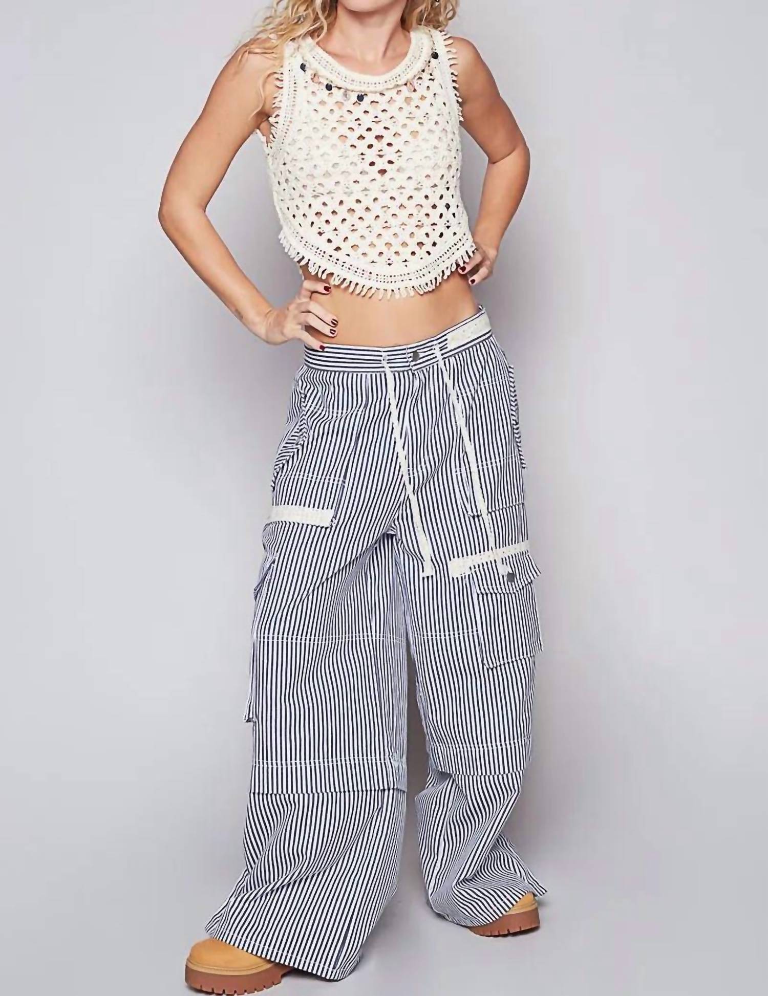 Pol - Striped Wide Leg Cargo Pocket Pants