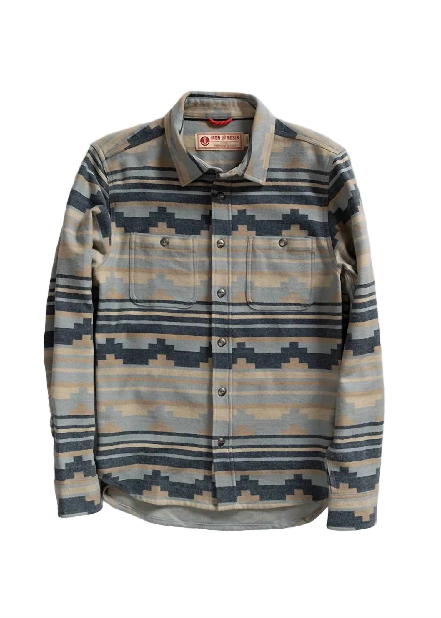 Iron & Resin Salton Jacquard Cotton Flannel Shirt in blue - men's long sleeve top - detail view