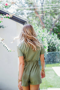 Karlie Cinch Waist Romper in olive - women's pants - detail view