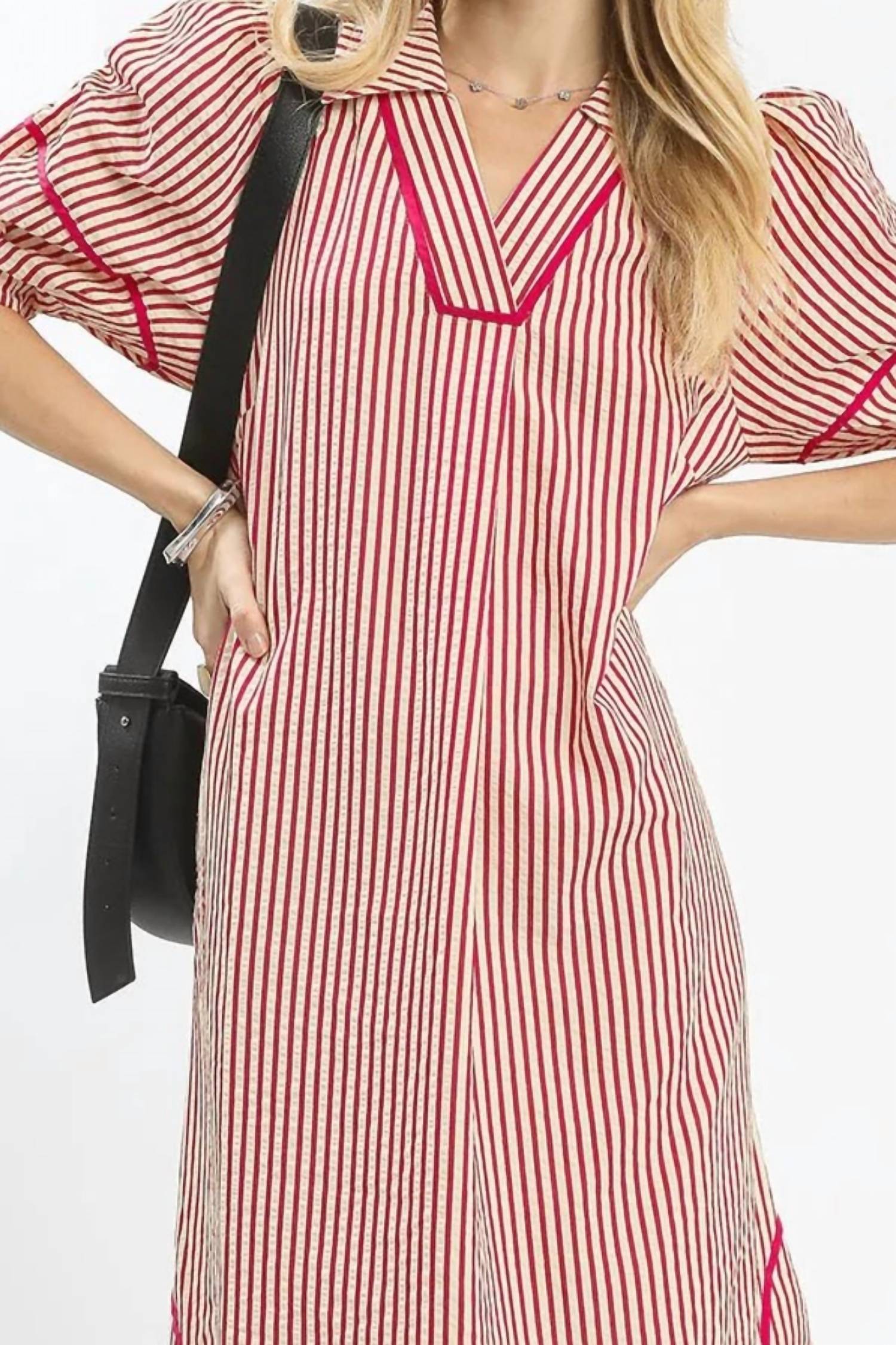 Umgee - Striped Midi Dress with Puff Sleeves