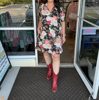Entro - Vintage Floral Short Dress With Pleated Sleeve