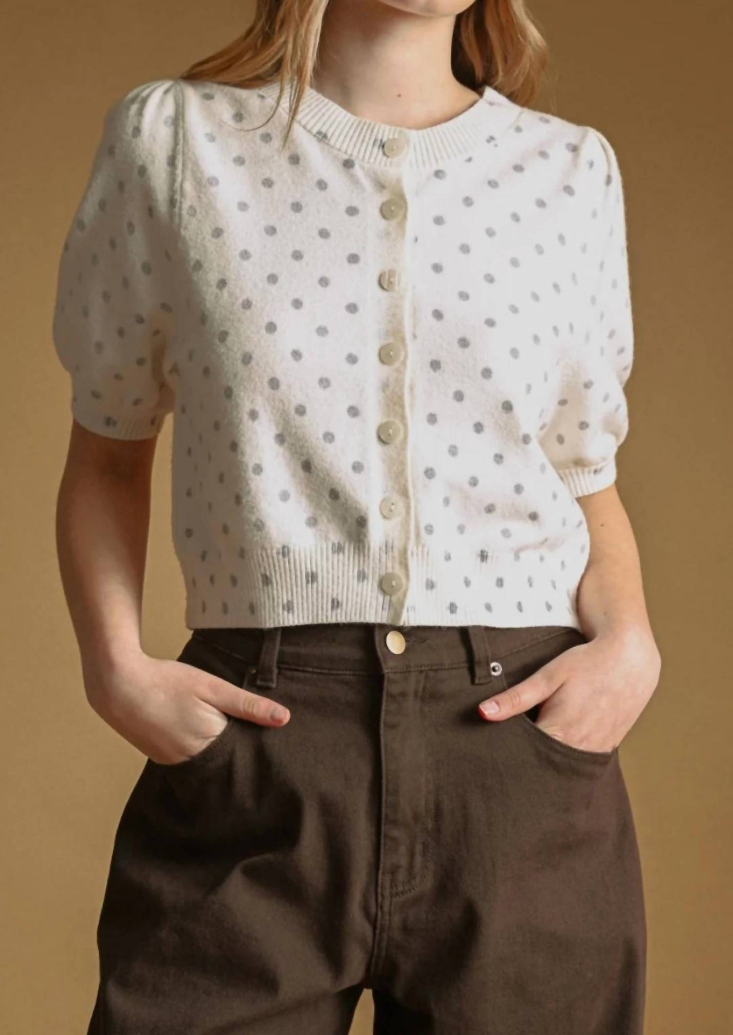 Miou Muse - Polka Dot Printed Short Sleeve Button Front Top