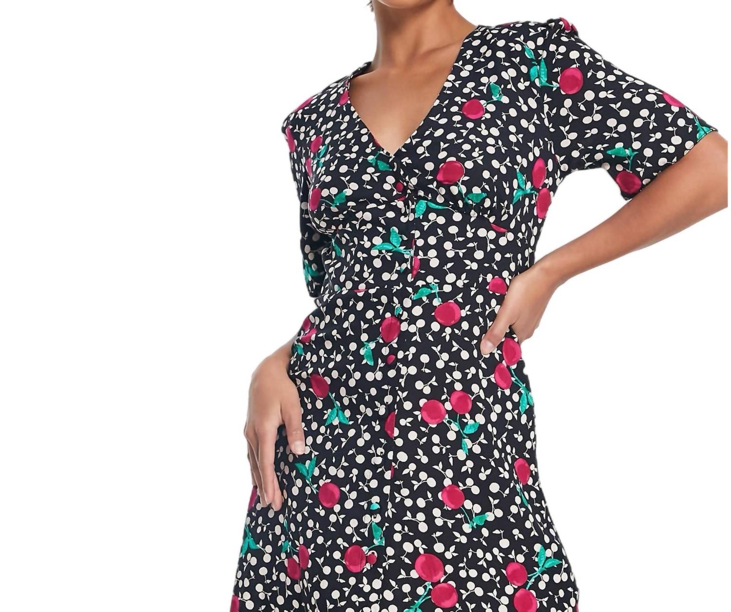 Nobody'S Child - Cherry Short Sleeve Button Front Mini Dress