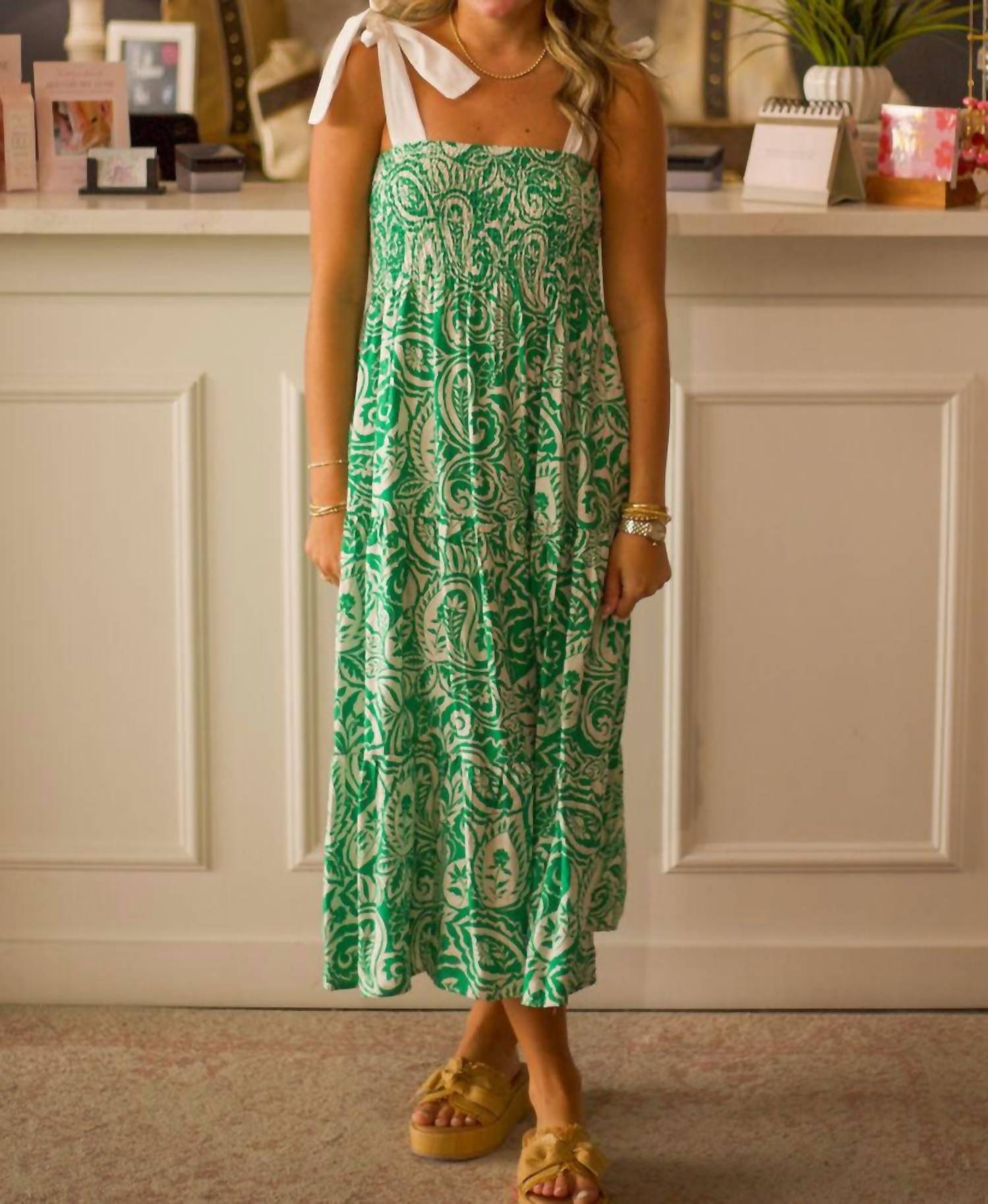 Meet Me in Santorini Paisley Tie Strap Dress in santorini paisley tie strap dress in verdant - women's dress