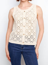 CHARLIE B Reversible Crochet Button Up Sleeveless Vest in natural - women's jacket