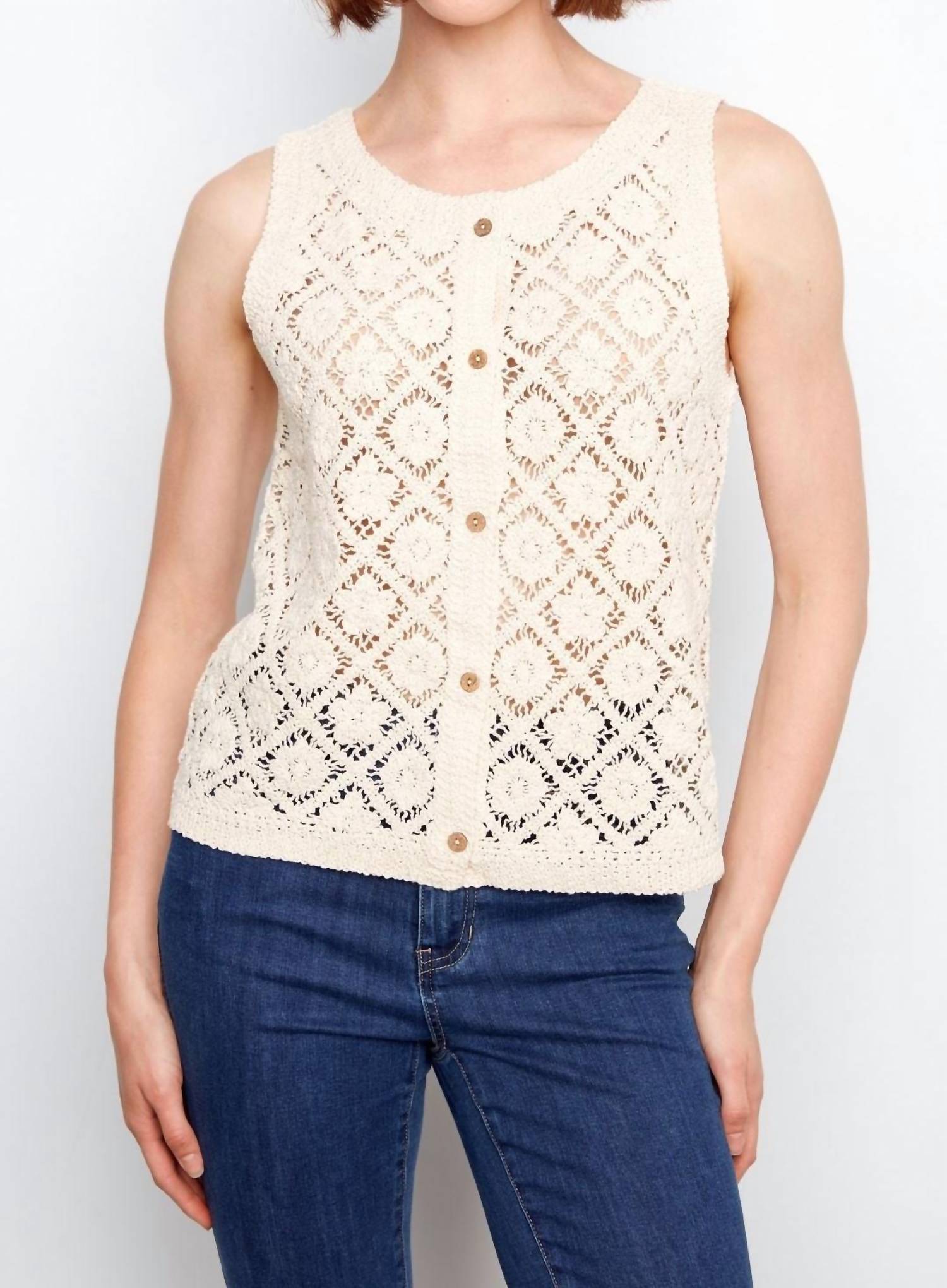 CHARLIE B Reversible Crochet Button Up Sleeveless Vest in natural - women's jacket