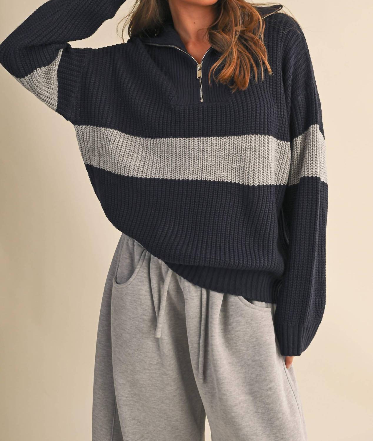 Klesis - Long Sleeve Contrast Stripe Half Zip Sweater Top