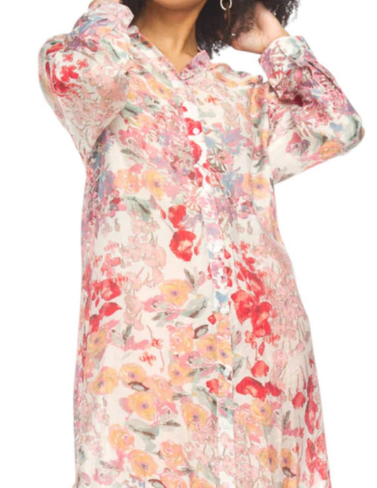 Papillon - Floral Button Front Tunic With Tab Sleeves