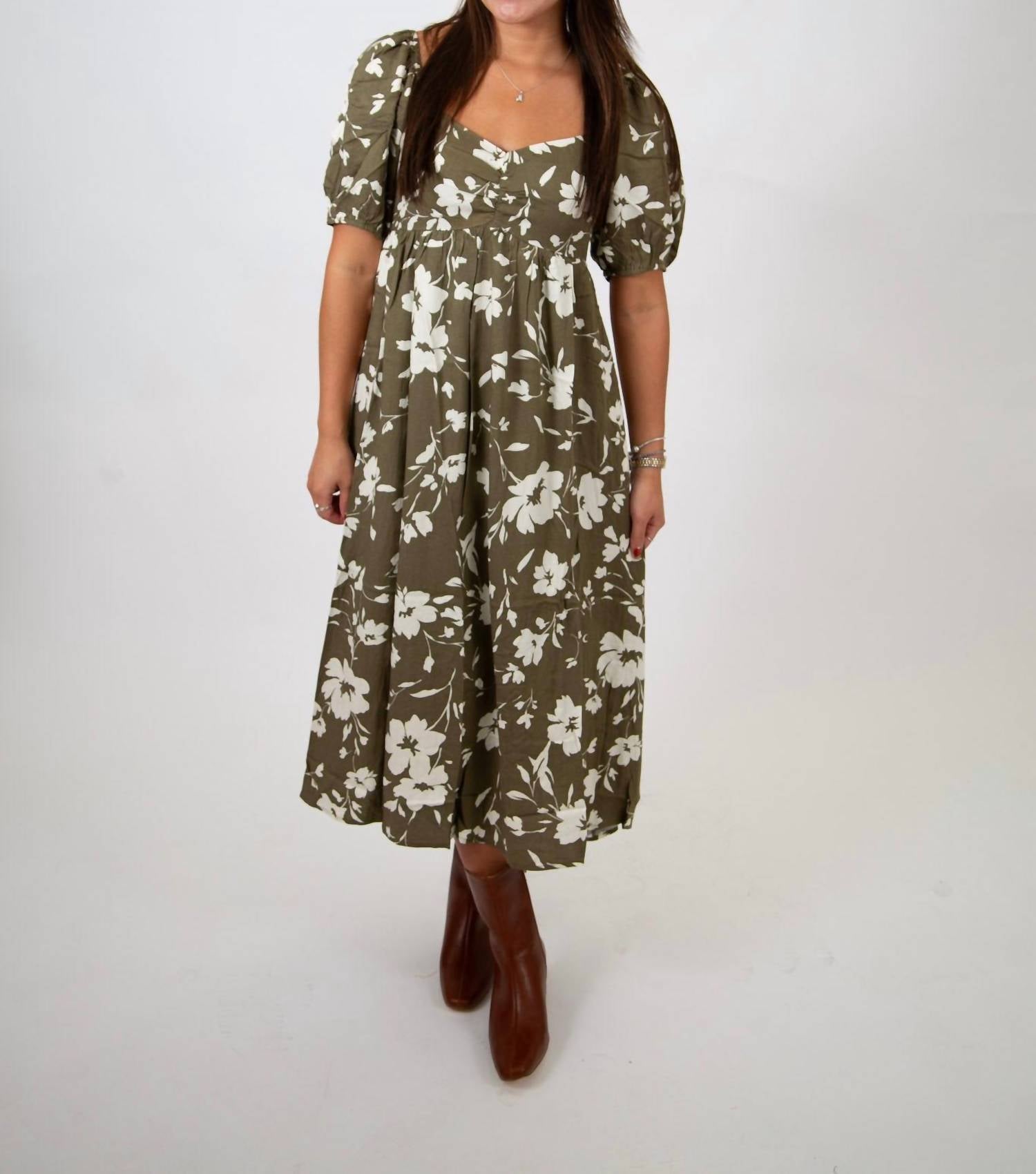 In February - Floral Sweetheart Neck Midi Dress