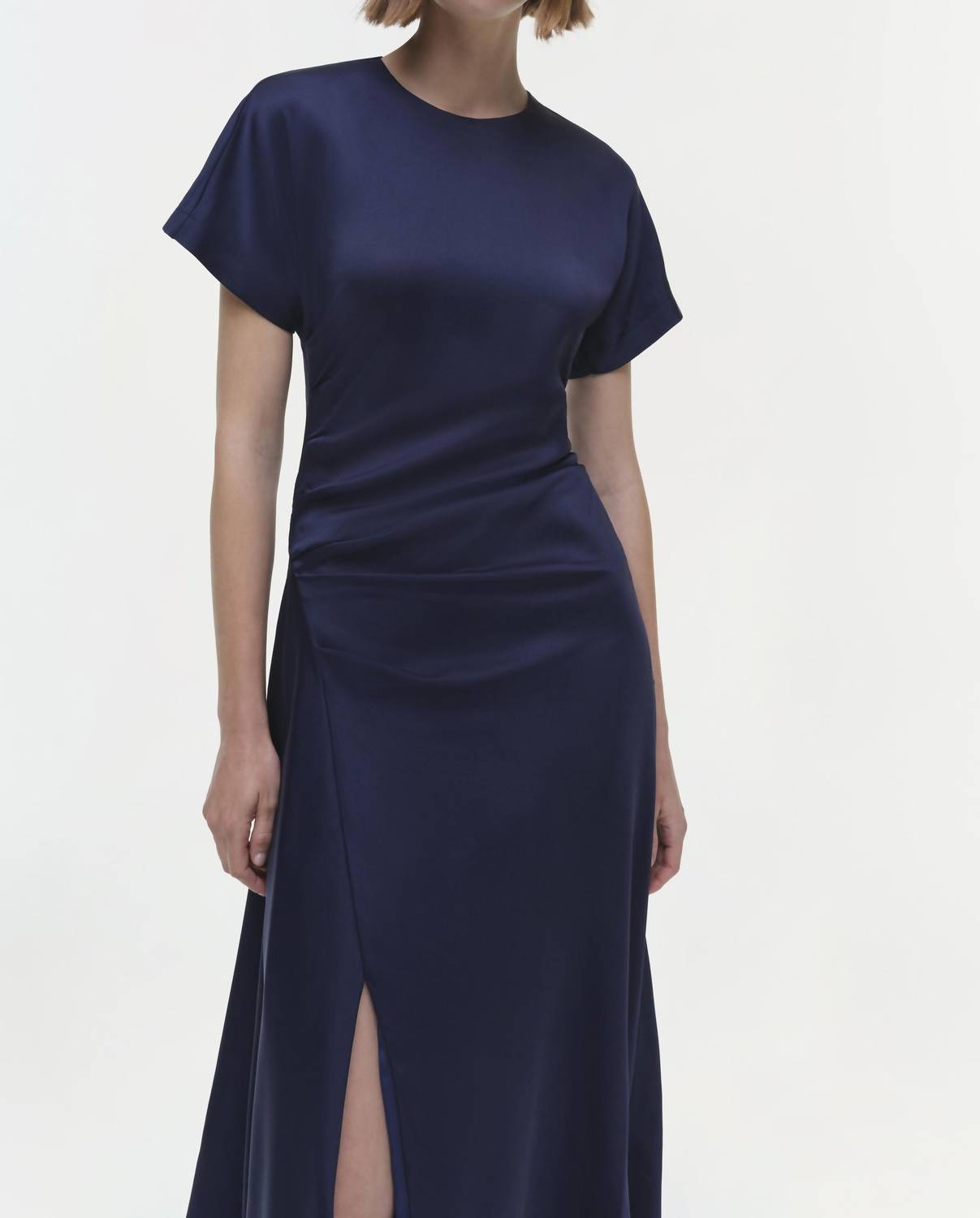 JONATHAN SIMKHAI Marabella Short Sleeve Draped Midi Dress in midnight - women's dress - view 4