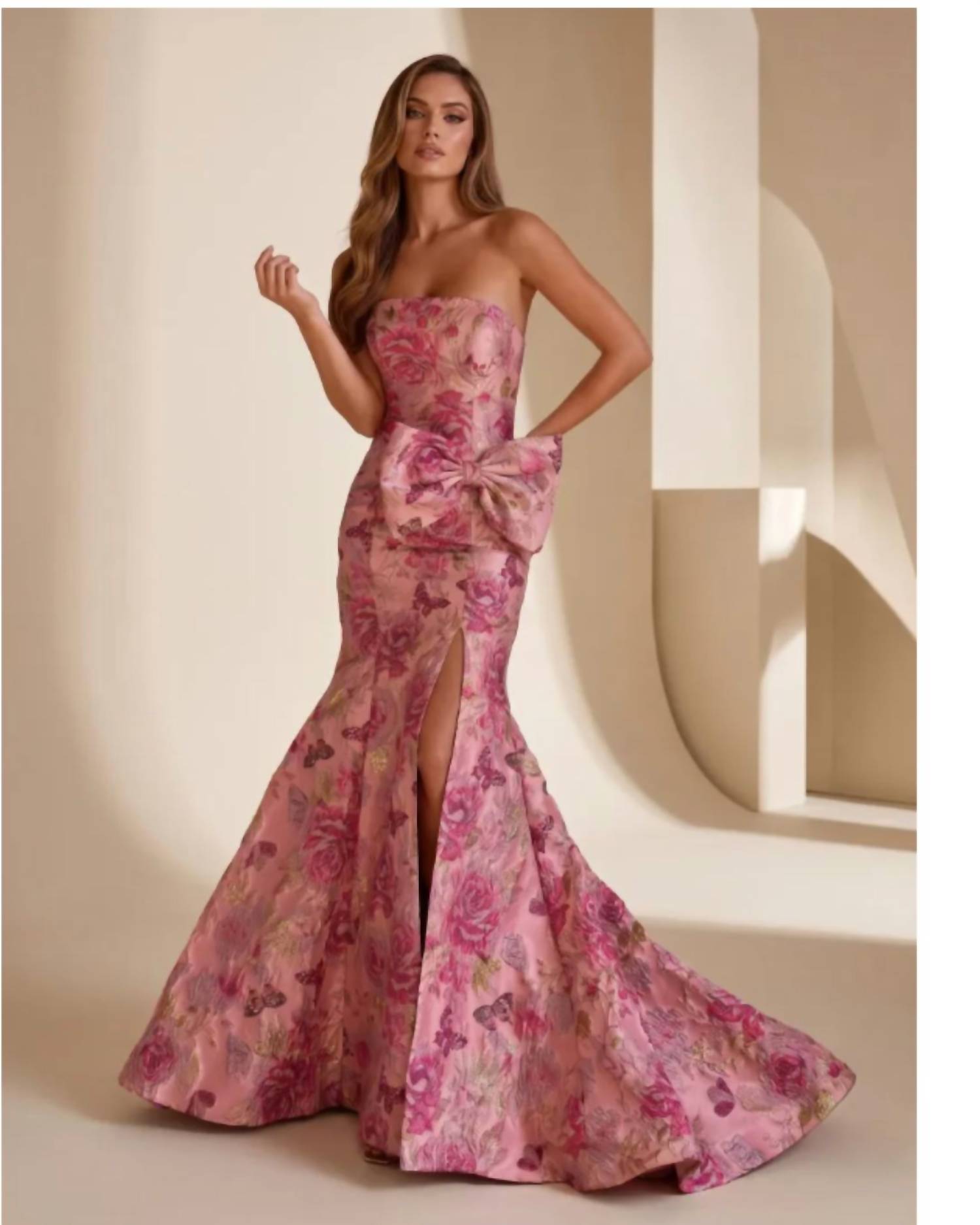 Couture Lee - Strapless Brocade Gown With Dramatic Side Bow