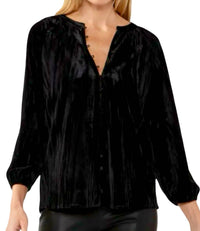 Lovestitch - Velvet Button Front V Neck Blouse