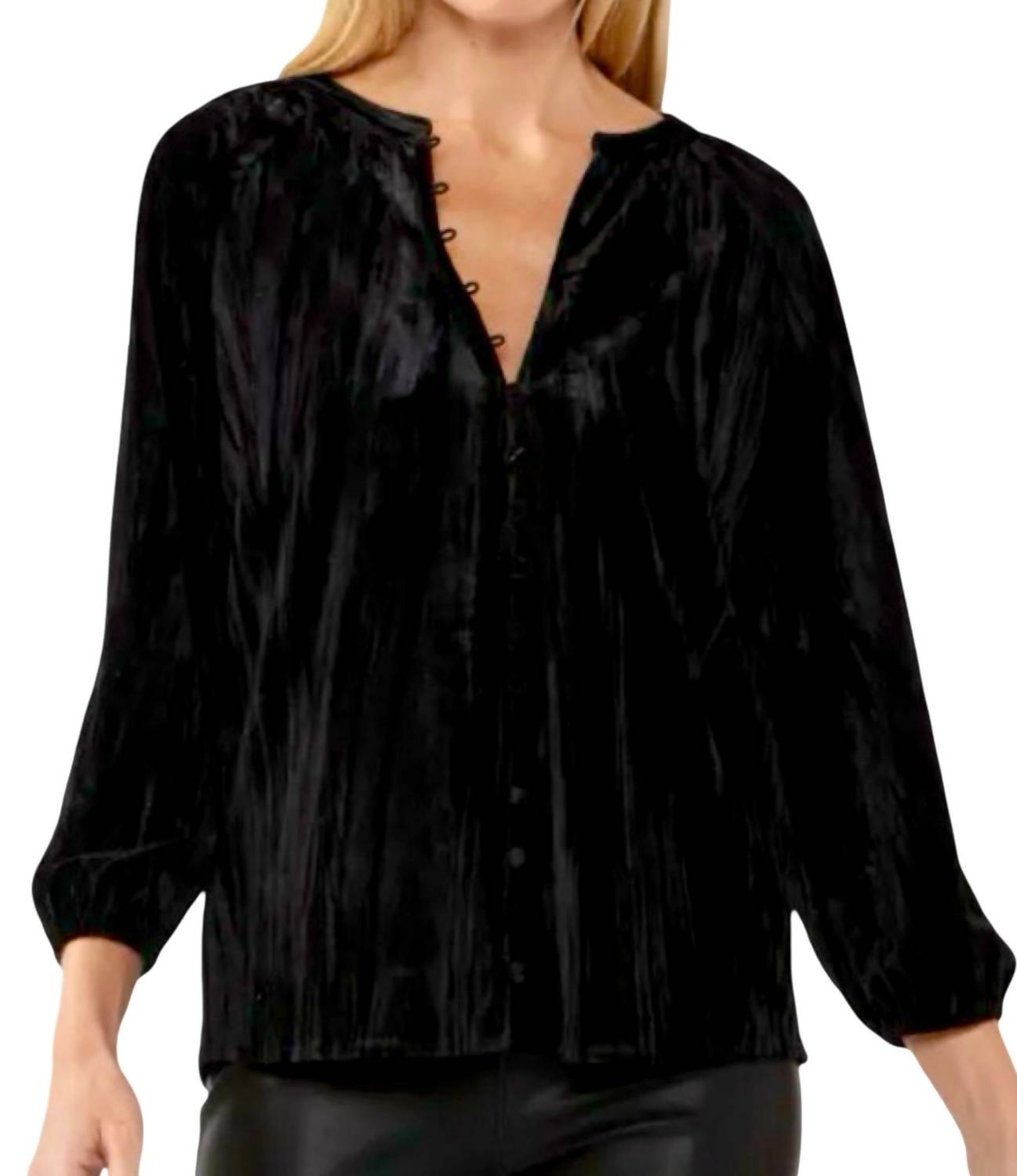 Lovestitch - Velvet Button Front V Neck Blouse