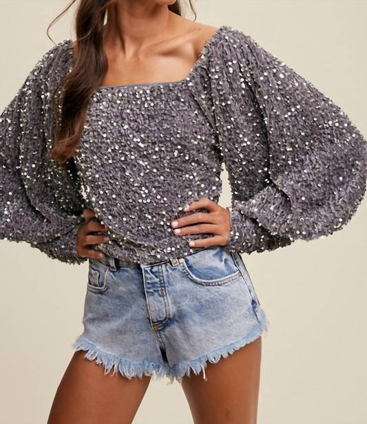 Silver Sequin Velvet Long Puff Sleeve Top