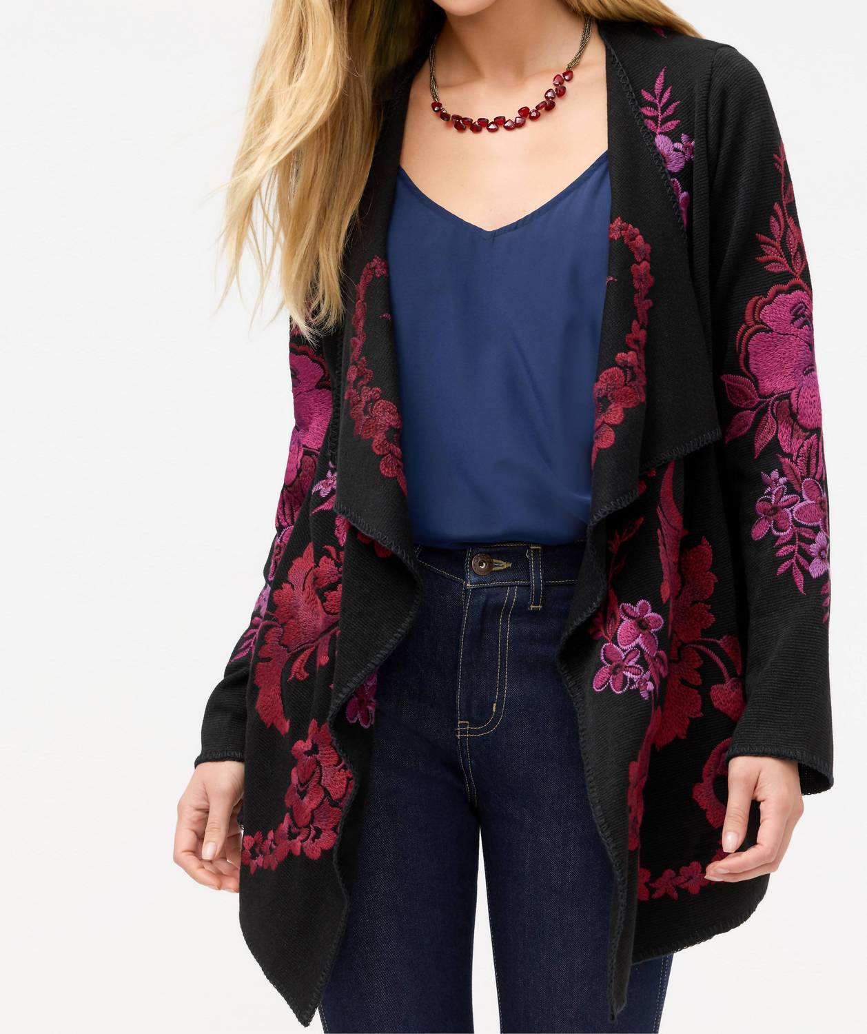 Johnny Was Biya Draped Sweater in musia black - women's cardigan - detail view