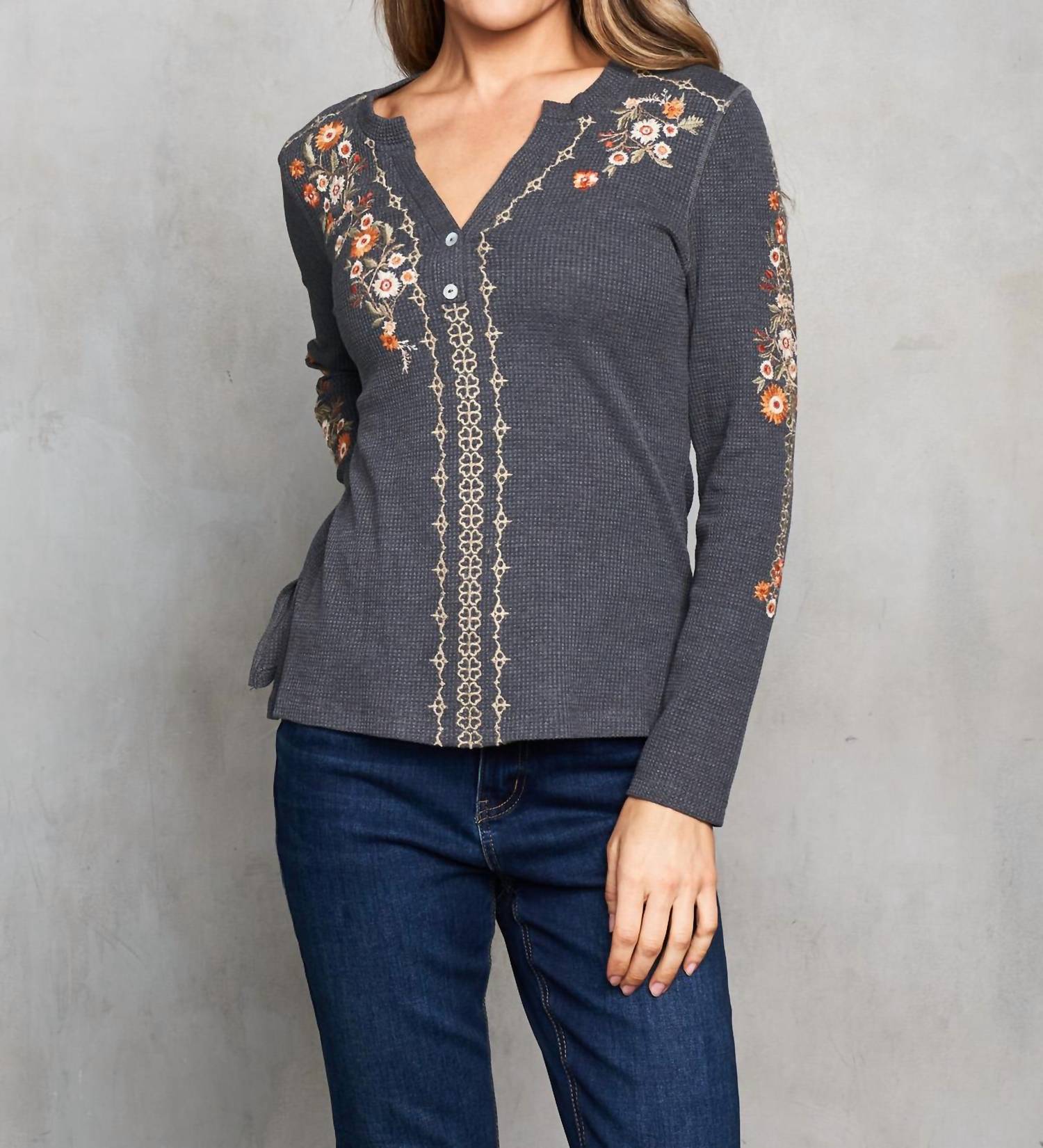 PAPARAZZI Thermal Knit Embroidered Henley Top in charcoal - women's blouse - alternate view