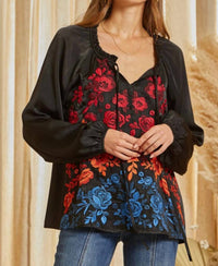 Savannah Jane - Tie Neck Peasant Top With Embroidered Flowers