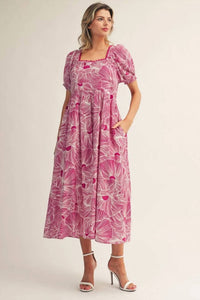 Jodifl - Tropical Print Square Neck Short Puff Sleeve Dress