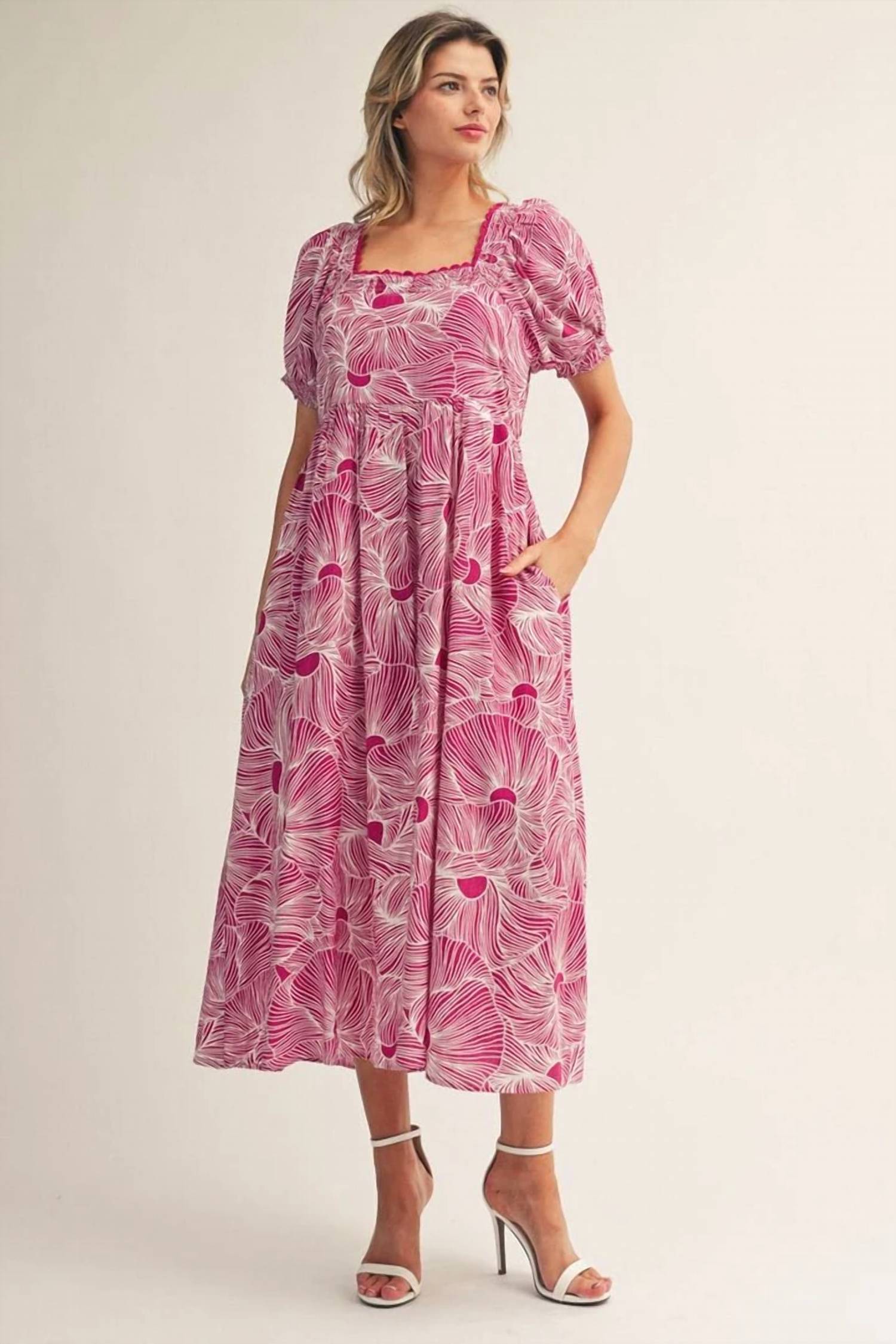 Jodifl - Tropical Print Square Neck Short Puff Sleeve Dress