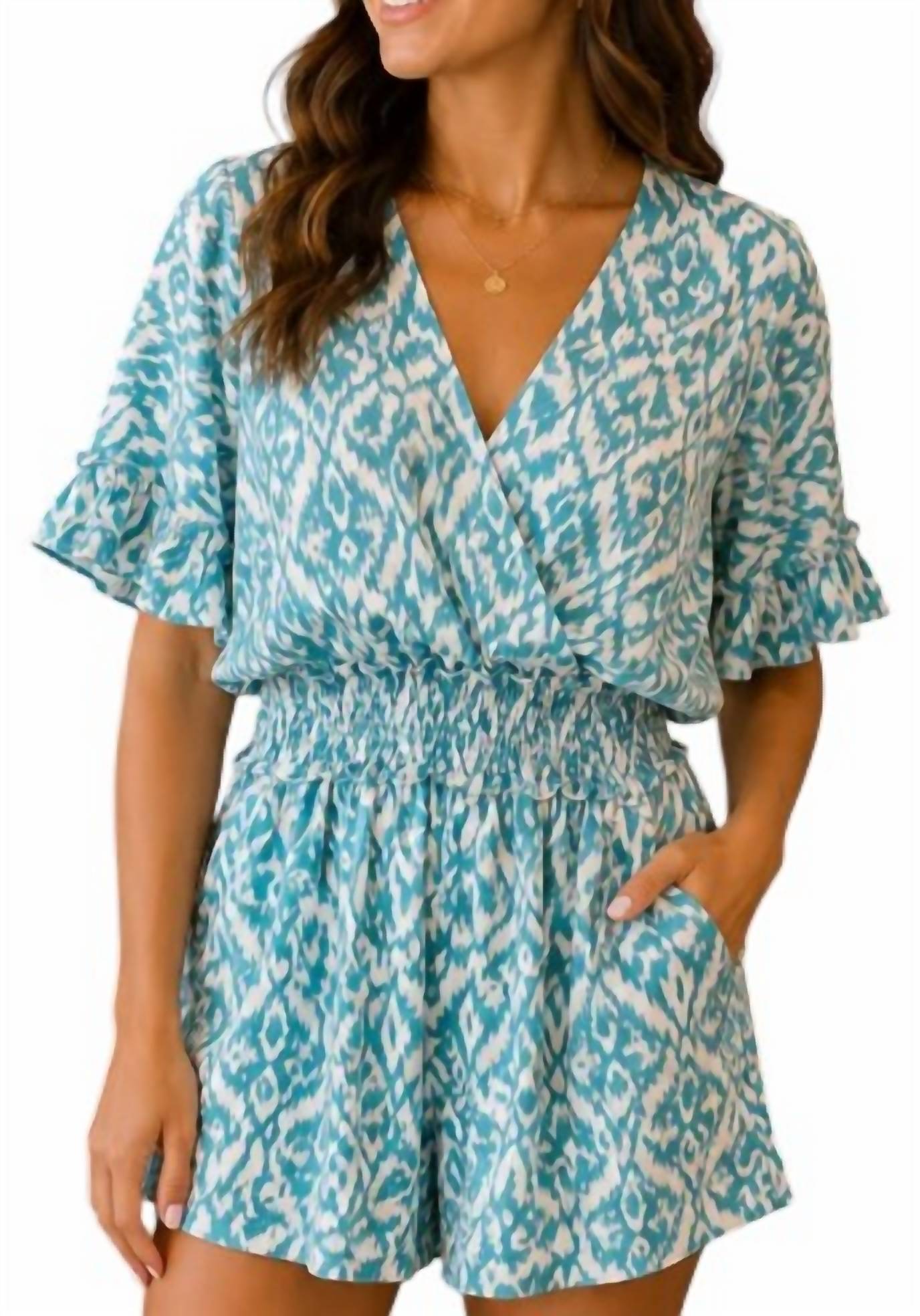 She + Sky - Kimono Sleeve Waist Smocked Romper