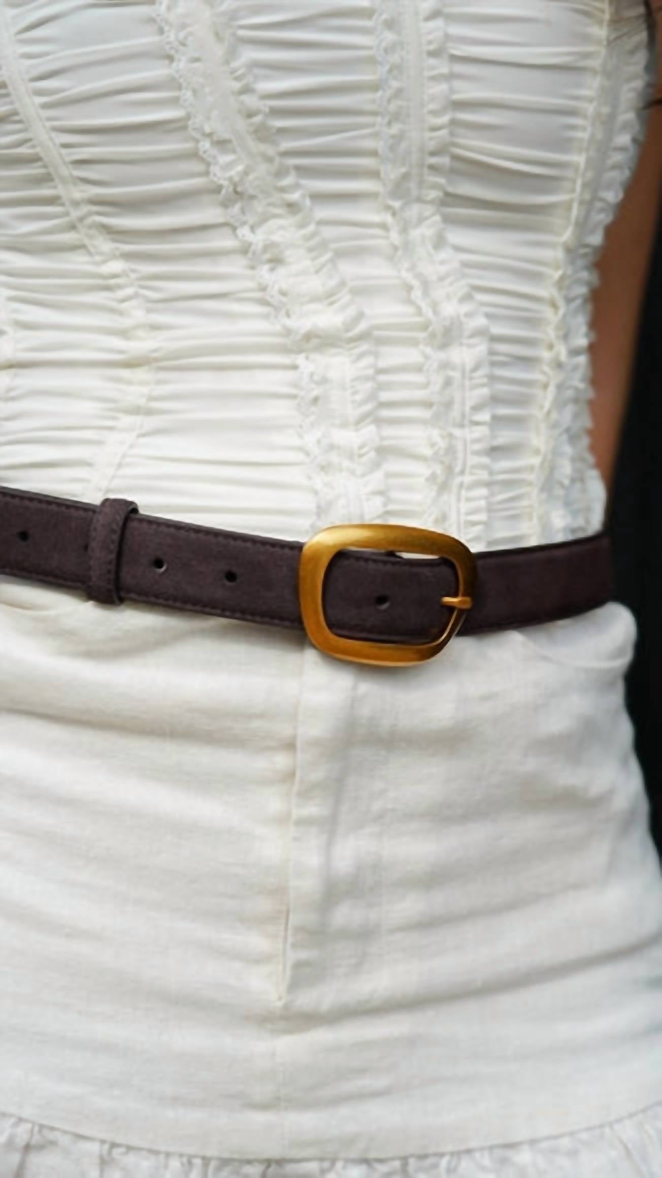 most wanted Women's Suede Belt With Organic Shape Buckle in chocolate - women's accessory - detail view
